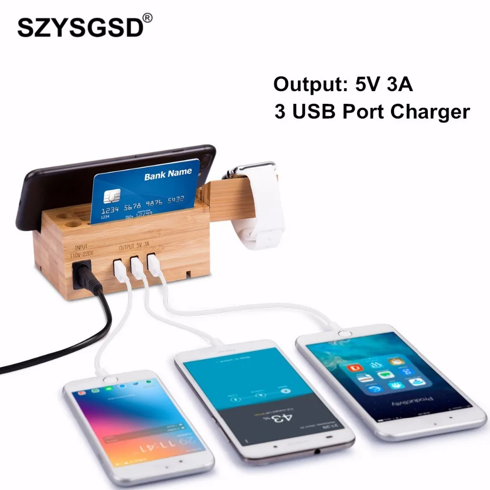 

2 in 1 Mobile Phone Holder 3 USB Charger Storage Universal Wood Charging Dock Stand Fast Charging For Watch 4 3 For iPhone 6 7