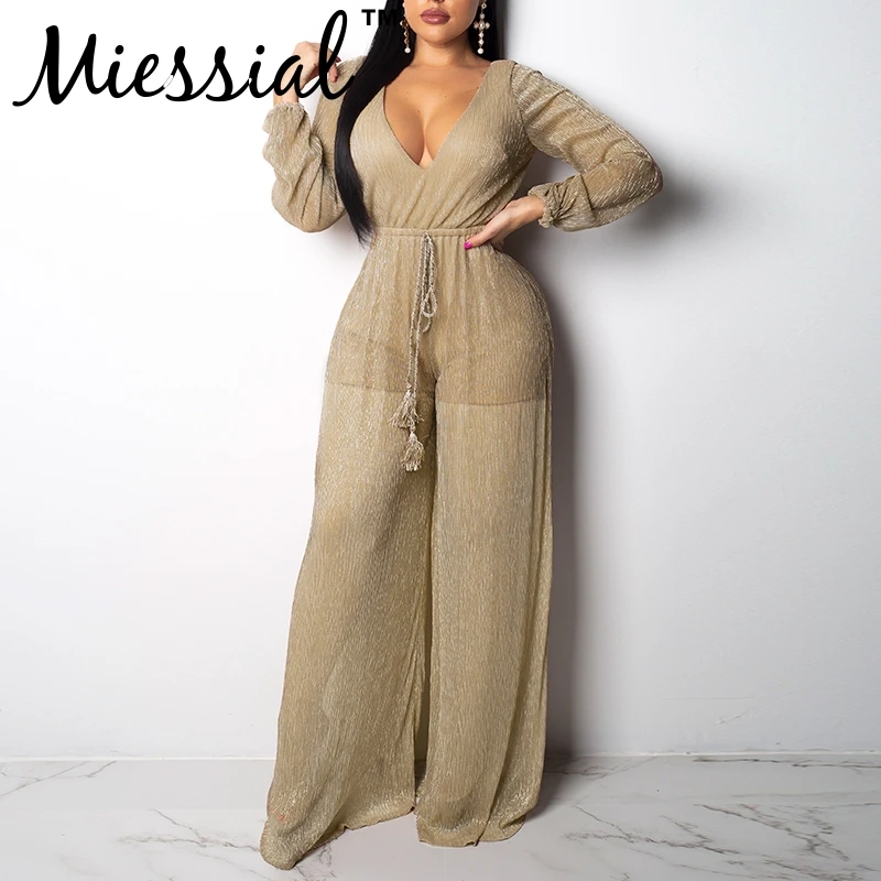 

Miessial Sexy deep v neck wide leg long jumpsuit Women transparent mesh overalls Female loose jumpsuit romper plus size playsuit