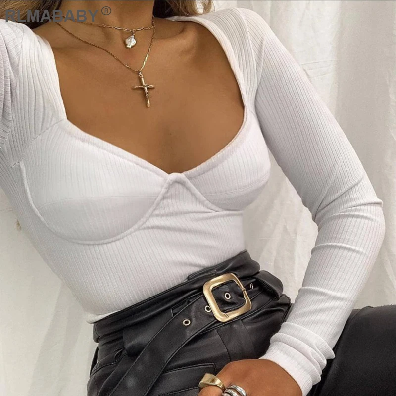 

RLMABABY 2019 V Neck Curved Up Ribbed Sexy Bodysuit Women Long Sleeve Bodycon Romper Jumspuit Casual Knitted Top White Bodysuit