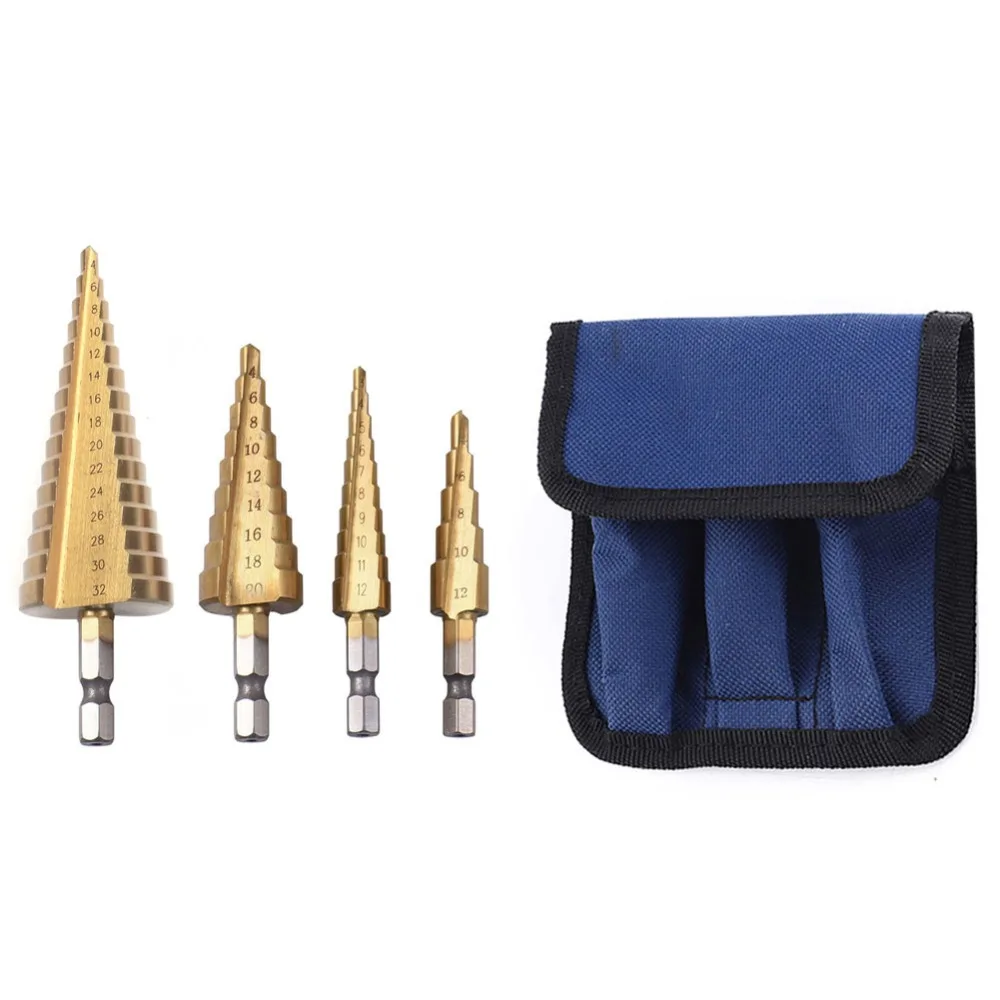 

4Pcs/Set Hss Step Cone Taper Drill Bit Set Hole Cutter Metric 4-12/20/32mm 1/4" Titanium Coated Metal Hex Bits Wood Core Drill