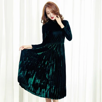 

women dresses Autumn Winter Gold Velvet Party Events Dress Female Velours Vintage Turtlenck High Waist Pleated jurk vestido muje