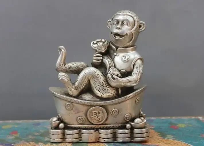 

Chinese Folk Fengshui White Bronze Silver Auspicious Ruyi YuanBao Monkey Statue