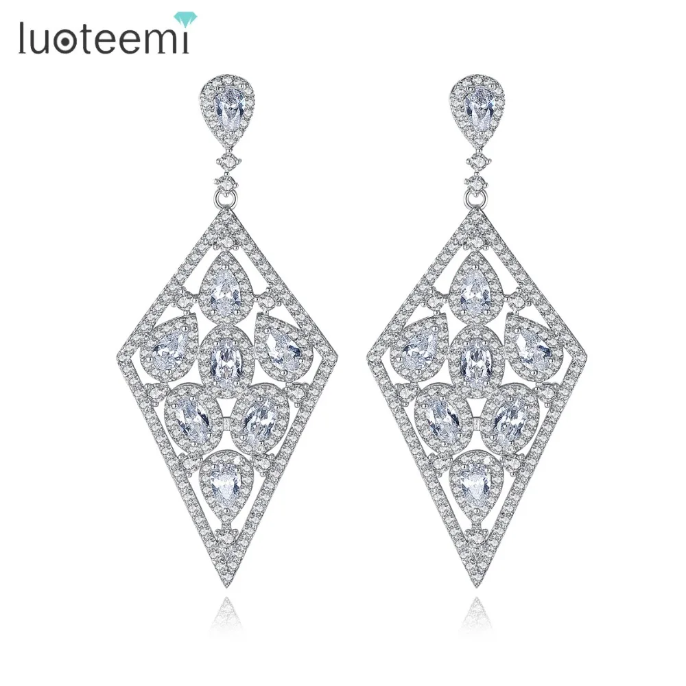 

LUOTEEMI Luxurious Silver Color Long Dangle Earrings for Woman Rhombus Full CZ Micro Paved Female Drop Brincos Wedding Jewelry