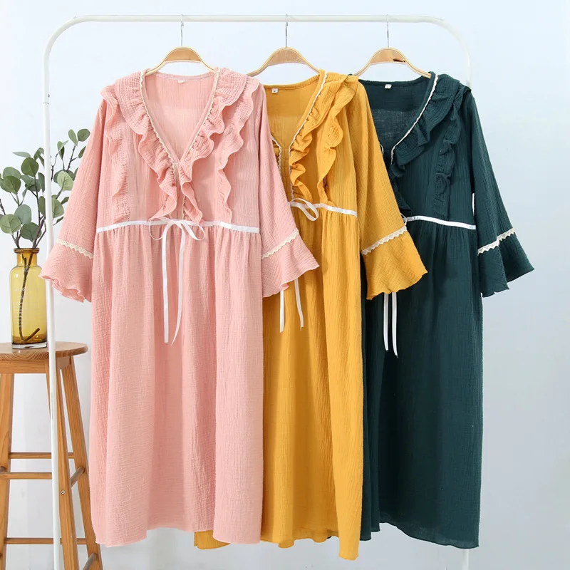 

Women Long Sleeve Button Nursing Nightgown Maternity Breastfeeding Dress Pregnancy Pajamas Cotton Gauze Nightwear Dresses