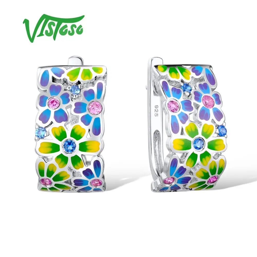 

VISTOSO Silver Earrings For Women 925 Sterling Silver Stud Earrings with Stones Cubic Zirconia brincos Jewelry Colorful Enamel