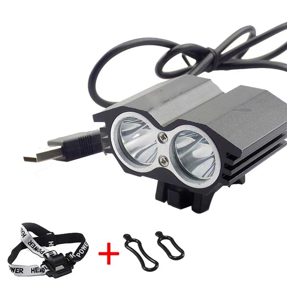 Powerful T6*2 Led Headlamp Usb Power Head light Bicycle Lamps Bike