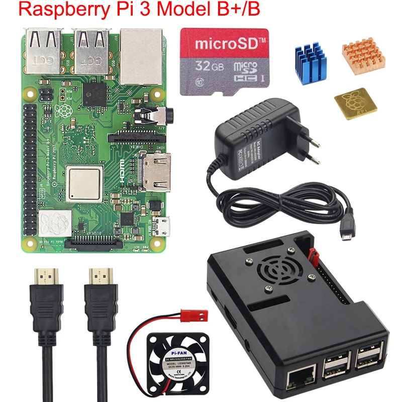 Raspberry Pi 3 Model B + плюс Starter Kit + ABS чехол + 16 32 Гб SD карта + 3A адаптер питания + вентилятор охлаждения + теплоотвод + кабель HDMI