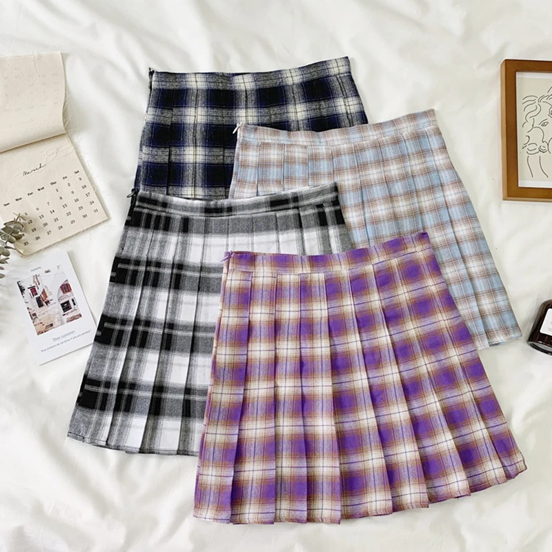 

New Harajuku plaid pleated skirt women high waist A word mini dance skirt kawaii preppy style anti-light short skirt