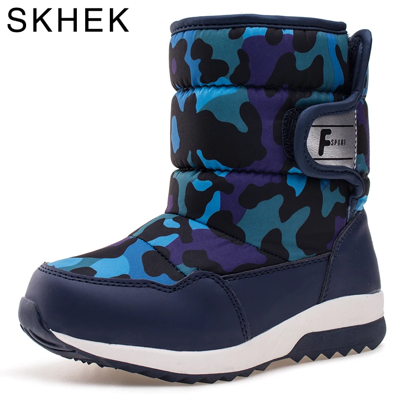 

SKHEK New Winter Children Snow Boots Thick Warm Cotton-Padded Kids Shoes Slip-resistant Boots Plush Girls Boots