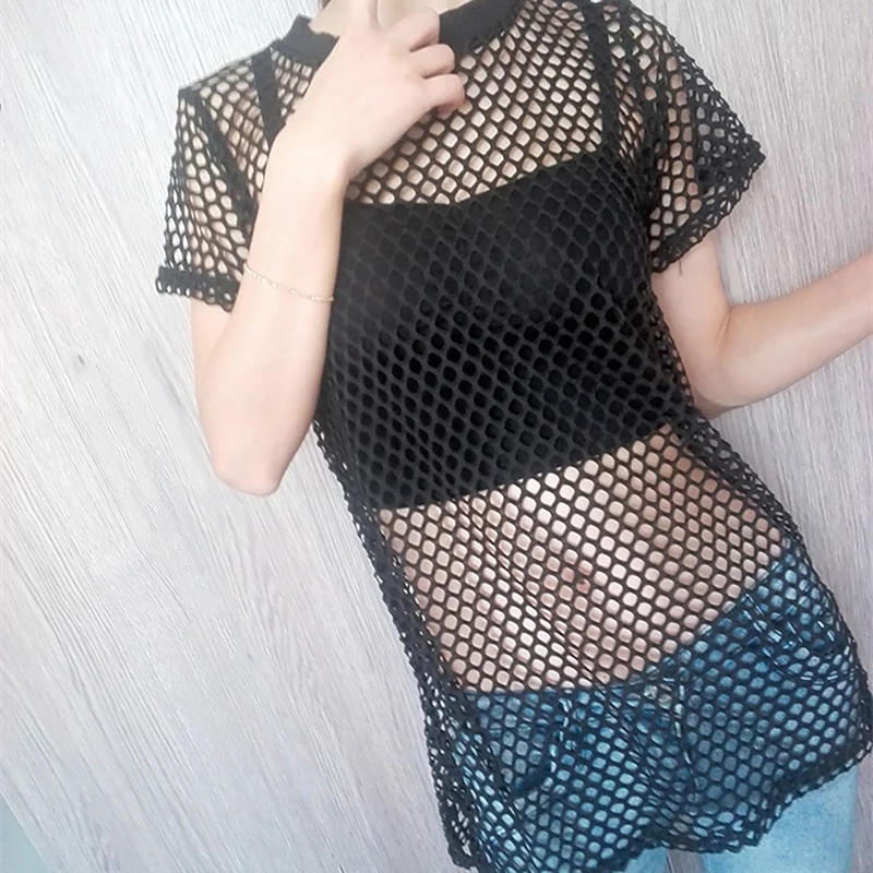 

Women T-shirts Sexy See-through Net Loose T-shirt Women New 2017 Summer hollow Out Mesh T Shirt Tops Camisetas Feminino