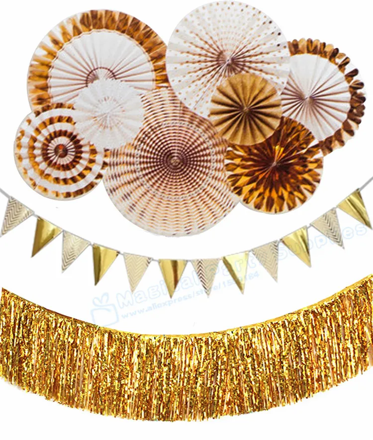 

1 Set Party Decorations Package Wedding Foil Gold Flag Banner 8 Glitter Gold Pinwheels Party Fans Tassel Garlands Fringe Curtain