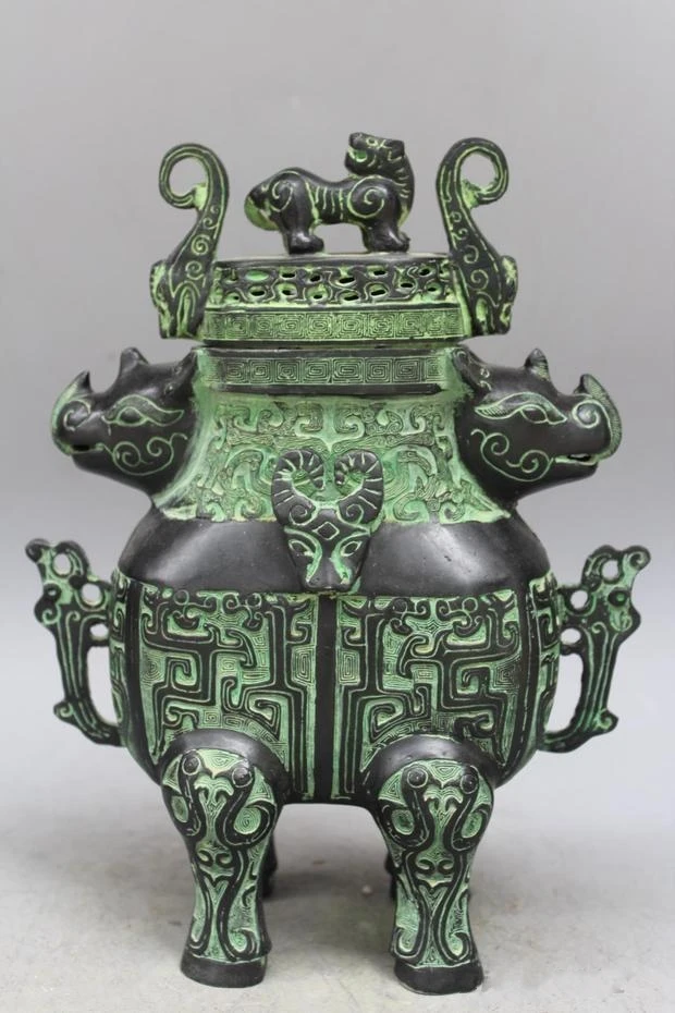 Chinese Bronze Dragon Beast Sheep Flower Vase Bottle Jar Pot Statue