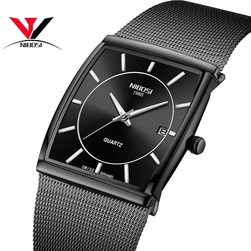 Часы Relojes Hombre 2019 Мужские квадратные часы NIBOSI с сетчатым ремешком полностью черные