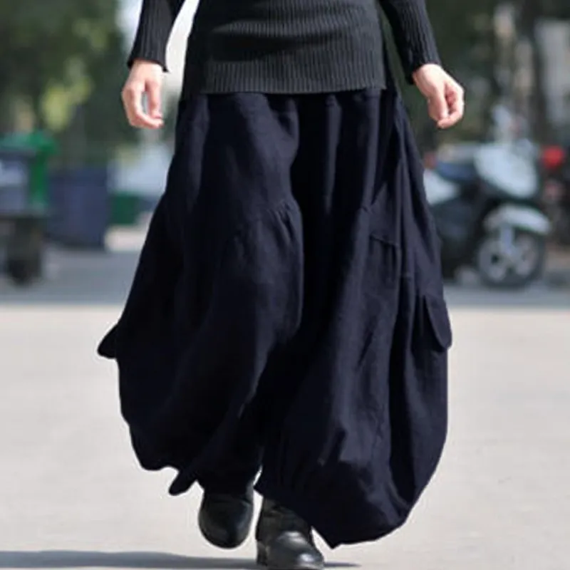 ZANZEA для женщин высокая эластичная талия фонарь Панталоны Свободные мешковатые с карманами брюки карго сплошной хлопок лен длинные широкие брюки - Цвет: Navy
