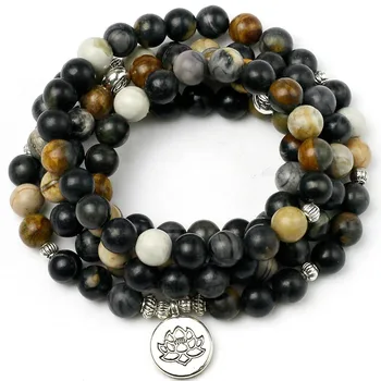 

Natural Black Picasso Stone Beaded Women Charm Bracelet Yoga Mala 108 Buddha Necklace Balance Healing Men Zen Jewelry