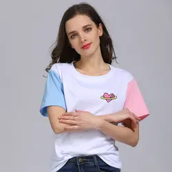 Новинка 2019 года, модная Милая Повседневная футболка с короткими рукавами и принтом в виде сердца для девочек, летняя футболка контрастного