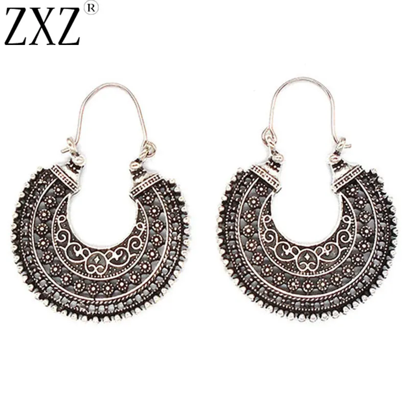 

ZXZ 1 Pair Fashion Vintage Hoop Earrings Ethnic Tribal Aztec Hippy Bohemian Boho Dangle Statement Silver Tibetan Jewelry Gift