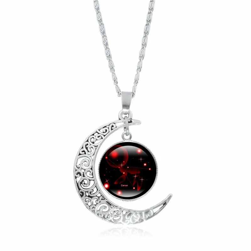 XUSHUI XJ 12 Созвездие стекло кабошон кулон ожерелье серебро полумесяц ювелирные изделия цепь ожерелье для женщин Девушка семья подарки - Окраска металла: Cancer