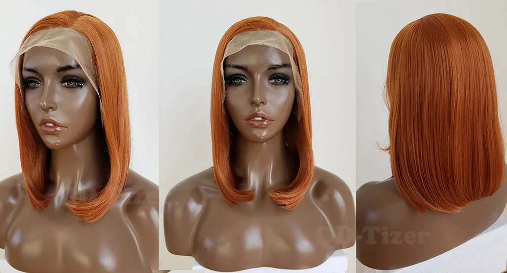 QD-Tizer Short Straight Bob Lace Cosplay Wigs Orange Synthetic Lace Front Wig Glueless Heat Resistant Fiber Hair Wigs For Women