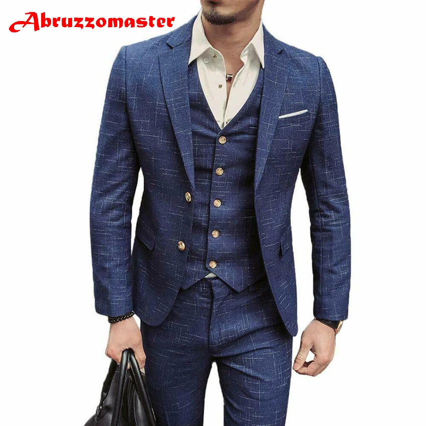 

Abruzzomaster Custom Made Man Suits 3 Piece Textured Man Suits Slim Fit Groom Tuxedos Blue Groomsman Suit Jacket+pants+vest