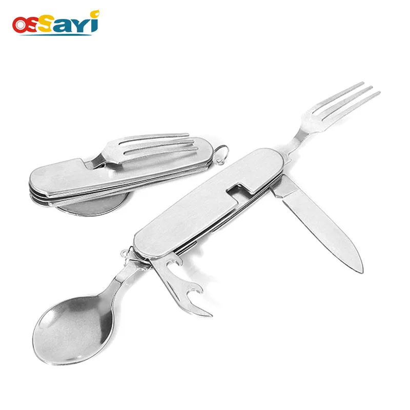 

Ossayi 1Pc Portable Folding Picnic Knife Fork Spoon Opener Kits Multifunction Silver Tableware Stainless Steel Fold Travel Knife
