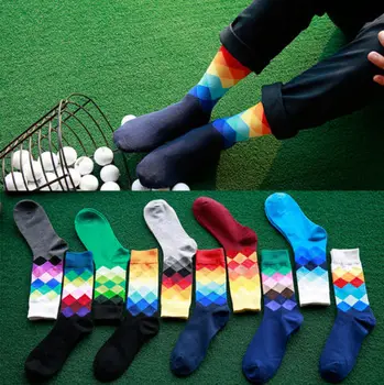 

1pair Casual Men Cotton Colorful Geometry Socks Harajuku Gradient Color Business Dress Socks Diamond Plaid Long Socks calcetines