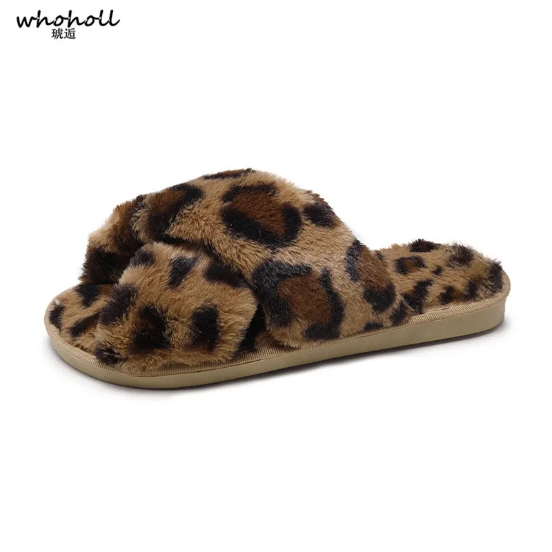 

WHOHOLL Women Slippers Winter Shoes Flat Leopard Print Home Slippers Woman Indoor Shoes Fur Warm Soft Slip Female Warm Slipper