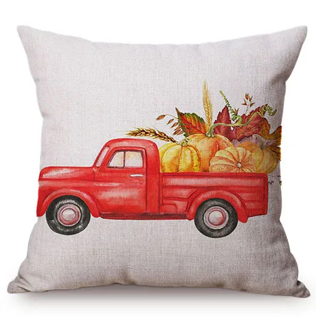 Red Vintage Car Pumpkin Autumn Harvest Thanksgiving Decorative Cushion Cover Watercolor Art Cotton Linen Sofa Throw Pillow Cover K121-9