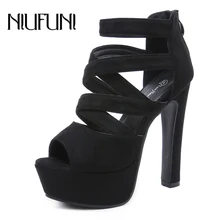 NIUFUNI Women Suede Peep Toe Cross Band Platform Sandals Sexy Ultra High Heels Black Ladies Shoes Ankle Strap Party Dress Pumps цена NIUFUNI Women Suede Peep Toe Cross Band Platform Sandals Sexy Ultra High Heels Black Ladies Shoes Ankle Strap Party Dress Pumps цены онлайн