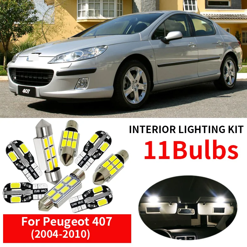 

11Pcs Cool White Canbus LED Car Bulbs Interior Package Kit For 2004-2010 Peugeot 407 SW Map Dome Trunk Glove Box Light