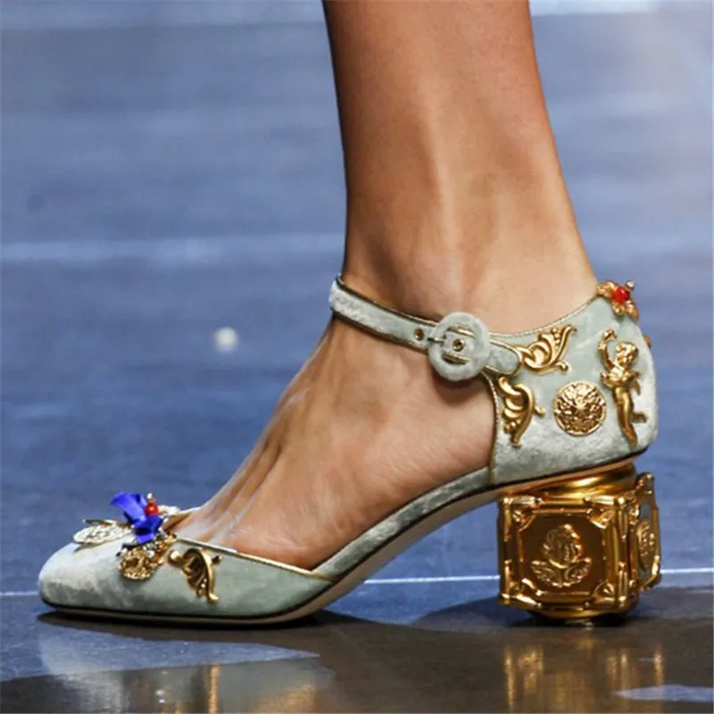 

Dipsloot Best Selling Women Velvets 3D Flower Decorated Gold Square Heels Mary Janes Pumps Ladies Round Toe Spring/Summer Shoes