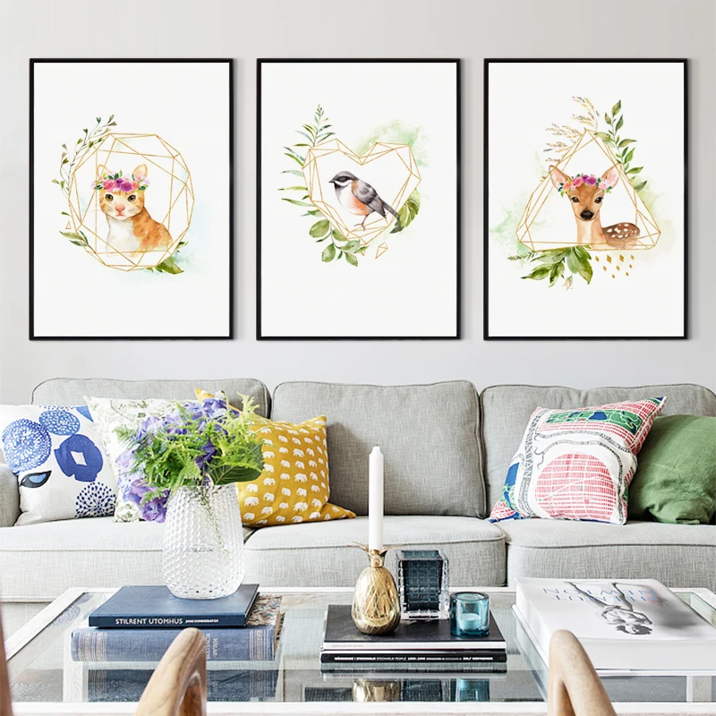 

Nordic Canvas Poster Cartoon Animal Flower Deer Cat Bird Kids Room Wall Pictures Print Watercolor Geometric Painting Home Decor