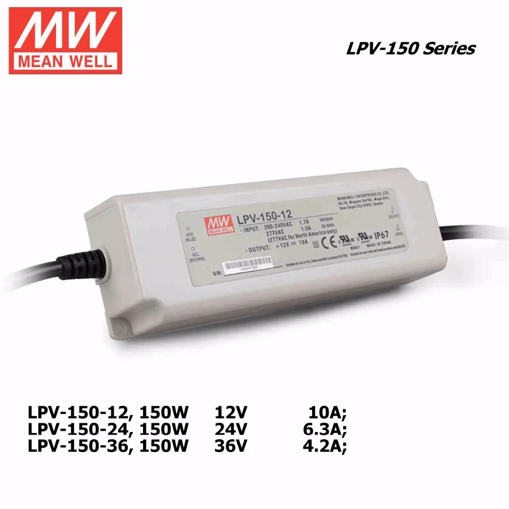 

Mean Well LPV-150-12V/24V/36V 150W LED Waterproof Driver, Single Output Switching Power Supply