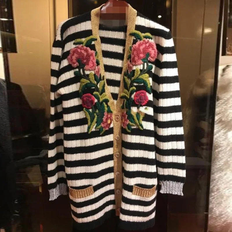 Star The Same Type Heavy Industry Embroidery Gold Thread Three-dimensional Black White Striped Sweater Women Loose Medium Long Star The Same Type Heavy Industry Embroidery Gold Thread Three-dimensional Black White Striped Sweater Women Loose Medium Long