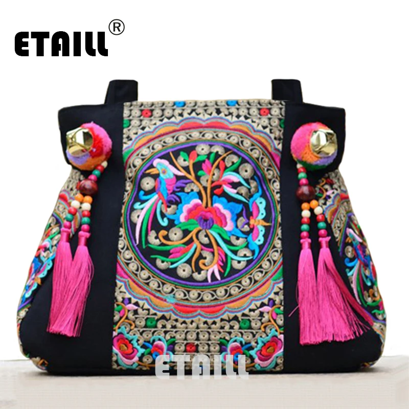 National Trend Chinese Ethnic Embroidery Canvas Bag Hmong Boho Thai Tassel Embroidered Bags ...