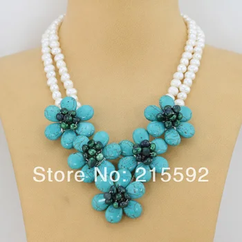 

Marvelous White Freshwater Pearl Beads Necklace Blue Truquoise Flower Necklace Wedding Jewelry Wholesale Free Shipping FP045