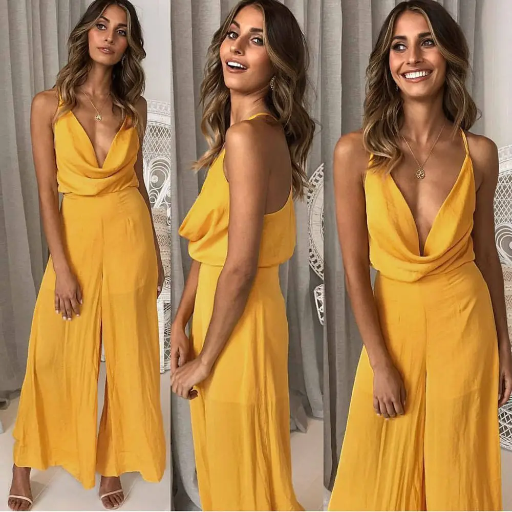 Yienws Sexy Spaghetti Strap Jumpsuit Women Rompers 2019 Casual Slim Long Jumpsuit Female Elegant Zipper Overalls YiZ16
