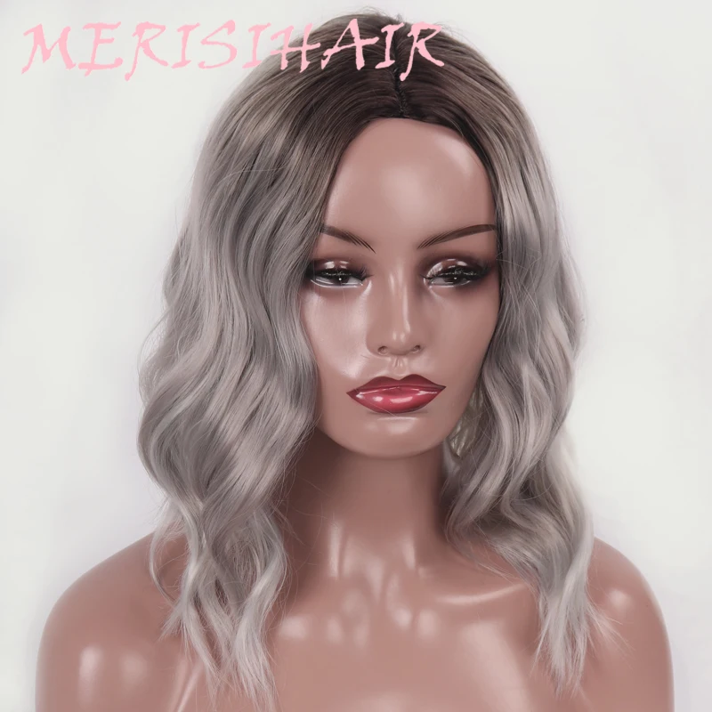 

MERISI HAIR 14 Inch Synthetic Wig Long Wave Hairstyle Dark Brown Ombre Grey Heat Resistant Fiber Wigs For Black Women Daily