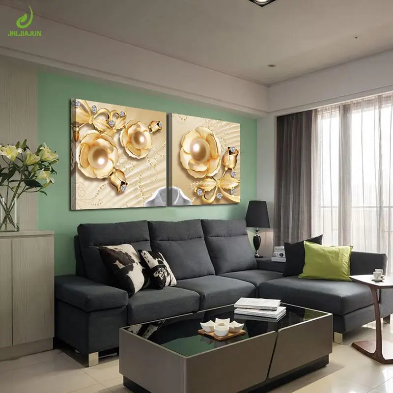 

JHLJIAJUN 2Pcs/Set Gold Flowers Diamonds Modern Painting Canvas Oil Paintings Living Room Home Decor Frame 3D Art Print Picture