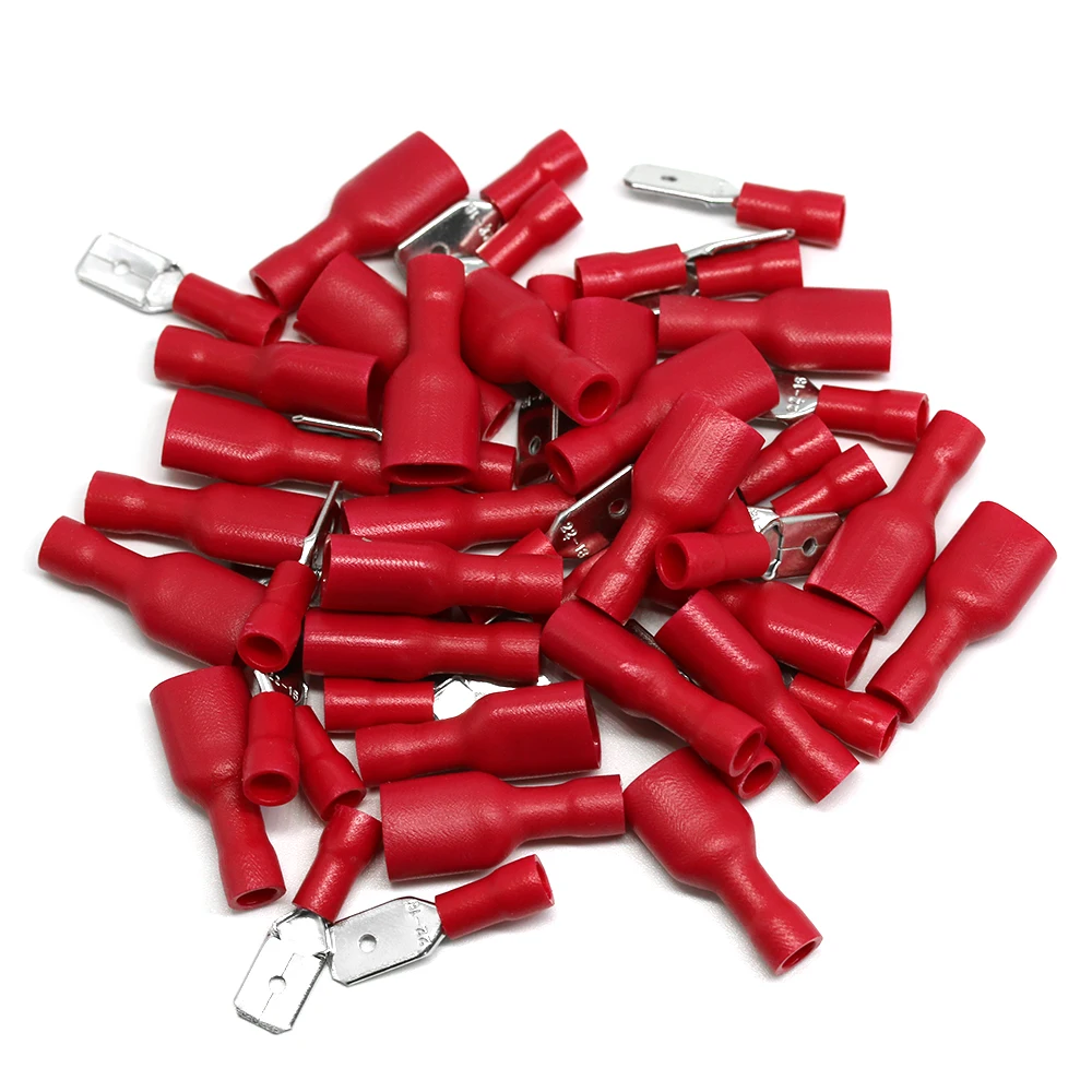 

50/100pcs Fully Female&Male Spade Terminals Crimp Connector Red 22-16AWG Electrical Automotive Cable Wire Terminal