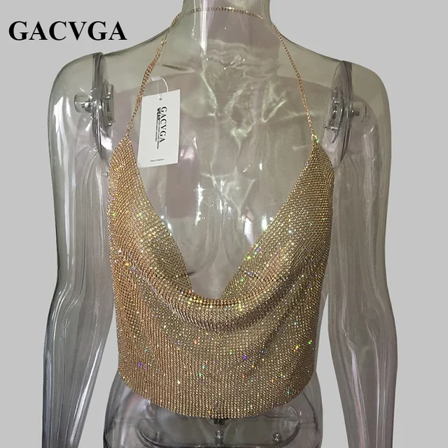 GACVGA 2019 Crystal Gold Metal Crop Top Summer Beach Backless Short Halter Tops Sexy Party Camis Bralette Women Cropped Tank Top 2