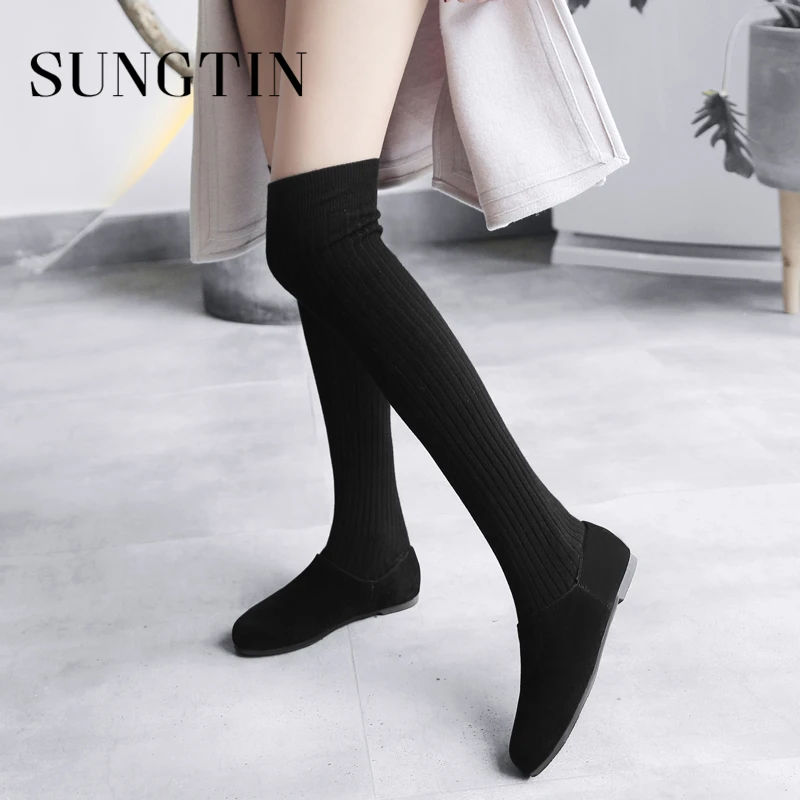 

Sungtin Women Sexy Slim Knitted Stretch Thigh High Boots Autumn Large Size 44 Plush Warm Long Boots Ladies Over The Knee Boots