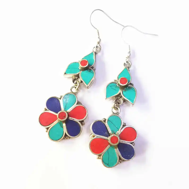 

Lovely Cute Colorful Handmade Earrings from Nepal Hand Jewelry Copper Inlaid Stone Multi Colors E088