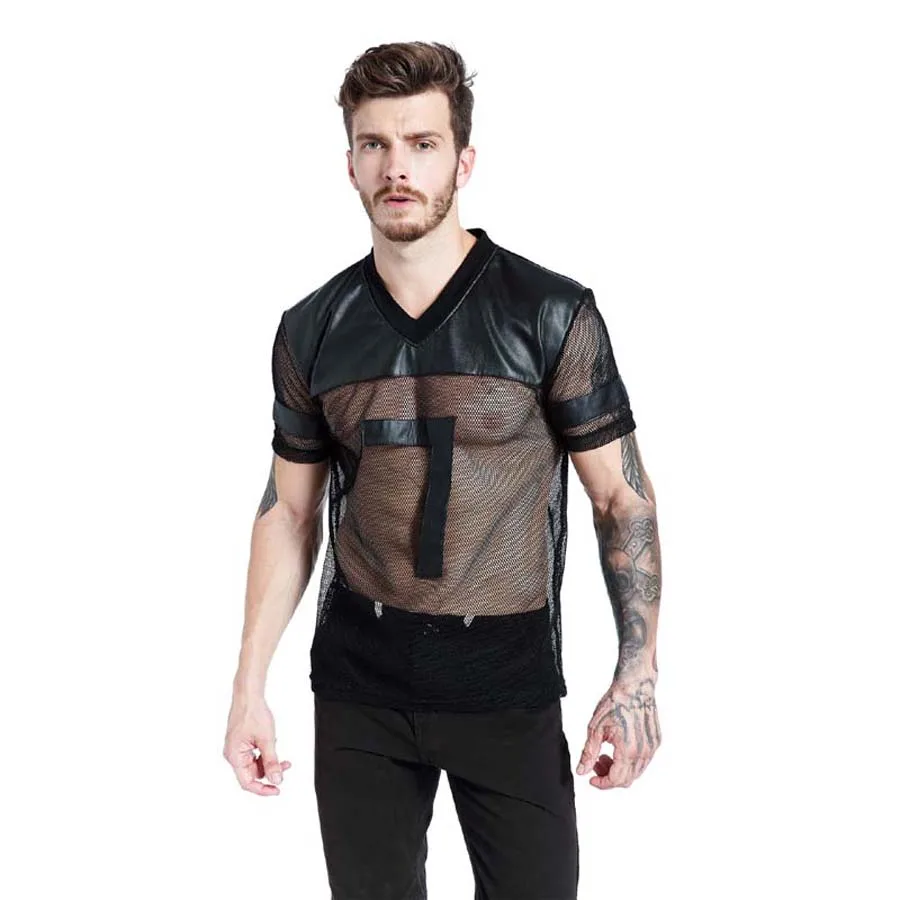 

2019 Summer New Men Faux Leather T-Shirts Black Breathable Mesh Patchwork V Collar See Through Tee Male Punk Short Sleeve Tops