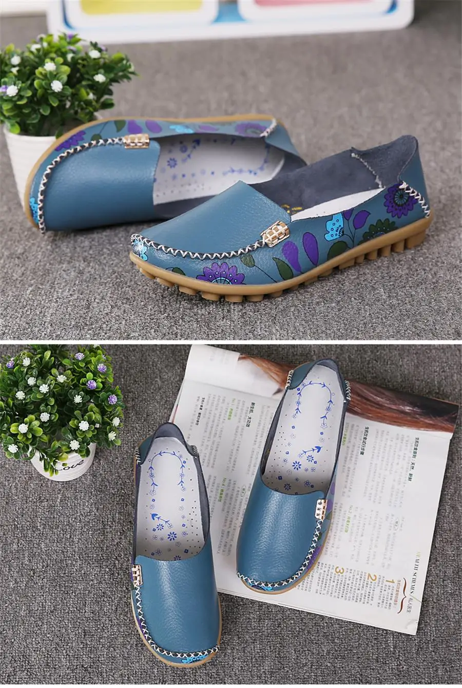 Women Flat Shoes Fashion Ballet Summer Flower Print Women Shoes Genuine Leather Loafers Ladies Shoes Woman Soft Footwear 42