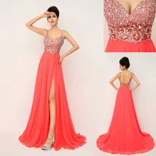 Echt Bild A-linie Langes Abendkleid Chiffon Sexy Backless Side Slit-formale Partei Abendkleid Kristall Pailletten Kunden Gemacht XU015
