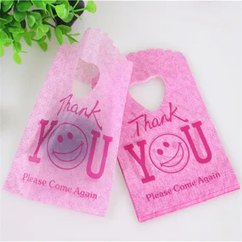

2015 Hot Sale New Style Wholesale 50pcs/lot 9*15cm Rose Red Thank You Mini Plastic Gift Bags Jewelry Packaging With Smile Face