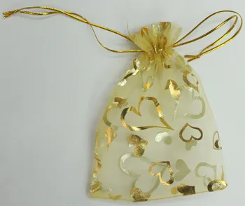 

ALY Wholesale 100pcs/lot 9x12cm Heart Gold Bronzing Organza Bags Gold Jewelry Packaging Bags Wedding Favor Gift Candy Pouches
