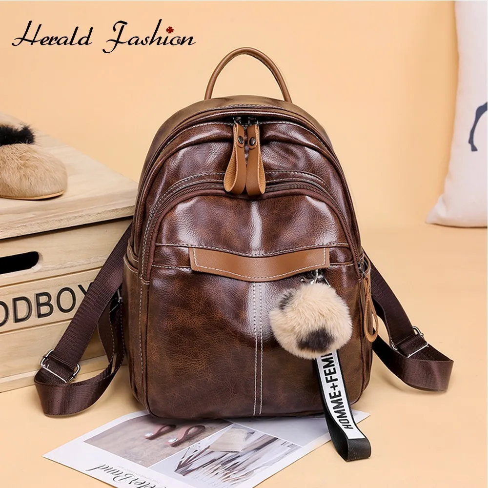 

Herald Fashion Women Leather Backpack with Hair Ball School Bag for Teenage Girls Large Multifunction Female Travel Bags Mochila