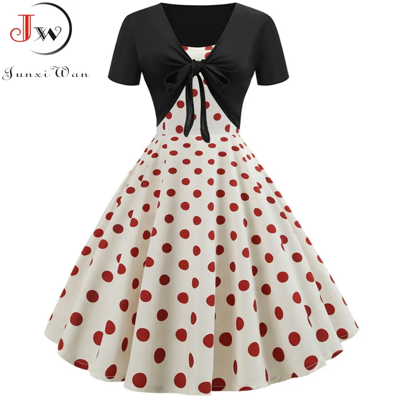 

Vintage Dress 2019 Summer two piece set Women Polka Dot Patchwork Elegant Midi Party Dresses Casual Female Vestidos Plus Size